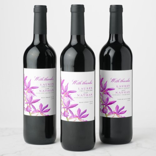 Purple orchid watercolor botanical wedding thanks wine label