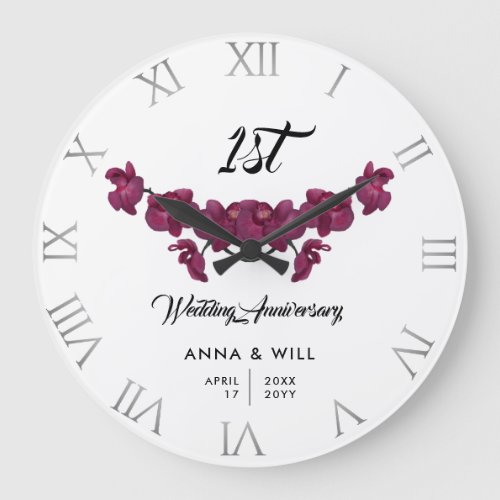 Purple Orchid Watercolor Chic Wedding Anniversary Large Clock