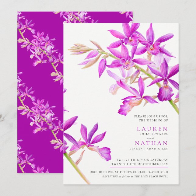 Purple orchid watercolor modern botanical wedding invitation (Front/Back)