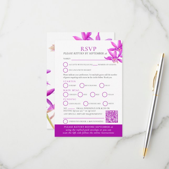 Purple orchid watercolor wedding RSVP QR code  (Front/Back In Situ)