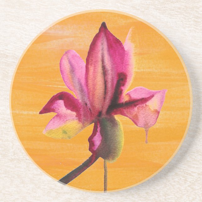 Purple Orchid watercolour orange pop art flower Drink Coaster (Front)