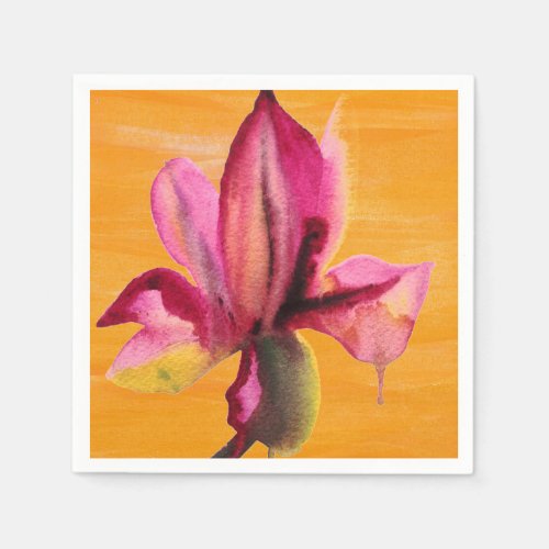 Purple Orchid watercolour orange pop art flower Paper Napkins