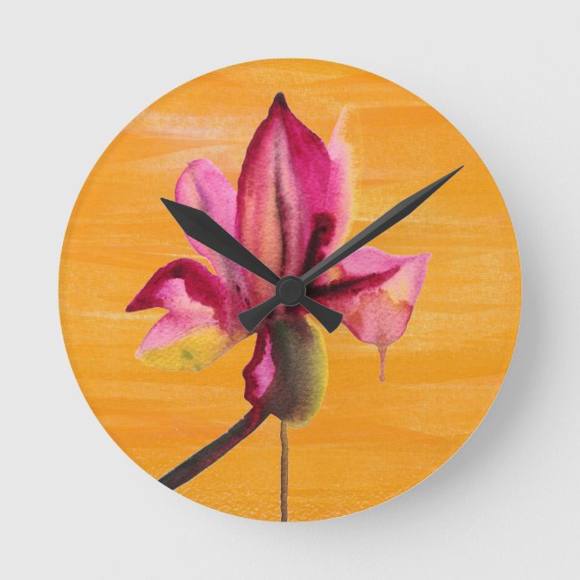 Purple Orchid watercolour orange pop art flower Round Clock (Front)