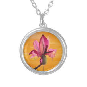 Purple Orchid watercolour orange pop art flower Silver Plated Necklace