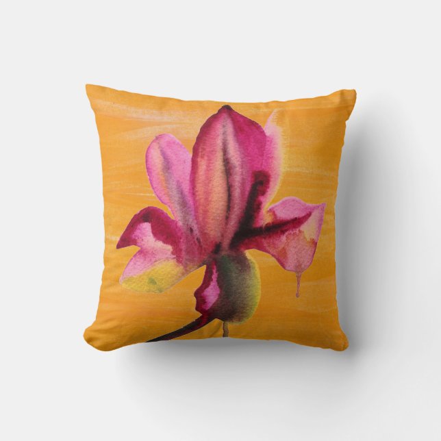 Purple Orchid watercolour orange pop art flower Throw Pillow (Front)