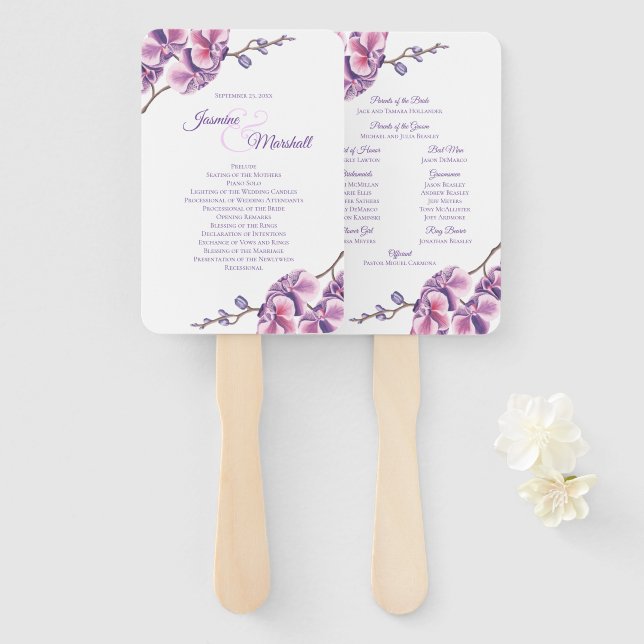 Purple Orchid Wedding Program Hand Fan (Front and Back)