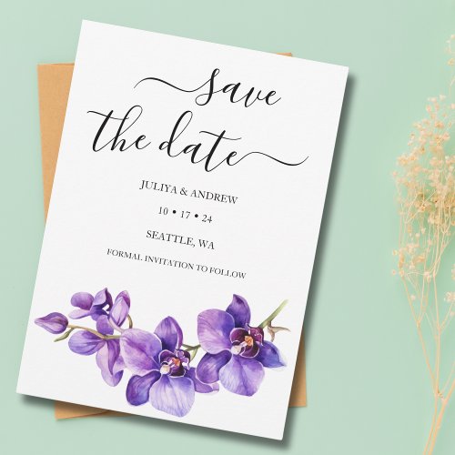 Purple Orchid white script unique wedding  Save The Date