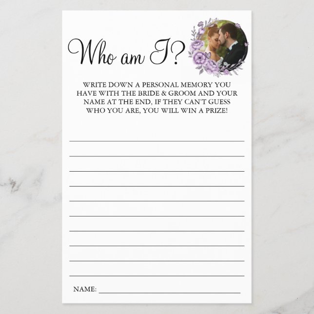 Purple Orchid Who am I Couples Shower game card Flyer (Front)