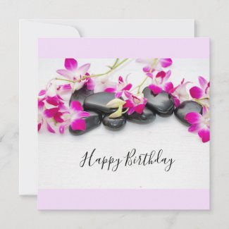 Purple orchid with black hot stone birthday card