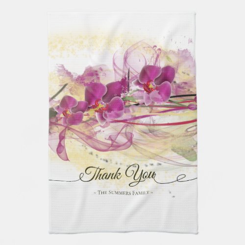 Purple Orchids Abstract Art Calligraphy Kitchen Towel