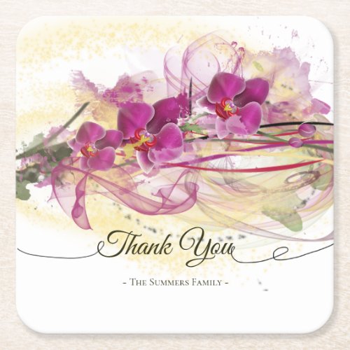 Purple Orchids Abstract Art Calligraphy Square Paper Coaster