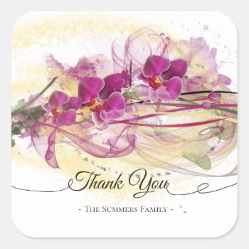 Purple Orchids Abstract Art Calligraphy Square Sticker by LifeInColorStudio at Zazzle