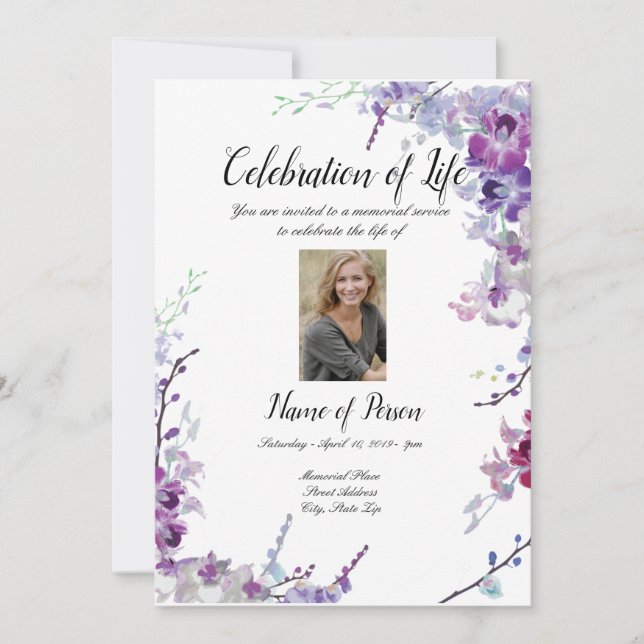 Purple Orchids Funeral Announcement Invitation (Front)