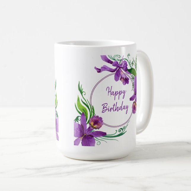 Purple Orchids Happy Birthday Coffee Mug (Front Right)