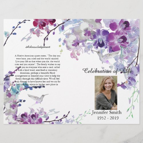 Purple Orchids Hummingbird Funeral Program Flyer