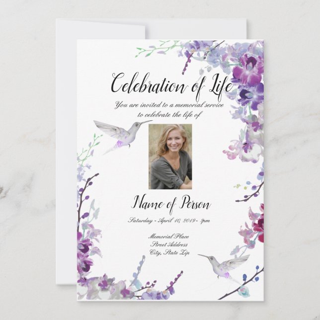 Purple Orchids Hummingbird invitation (Front)