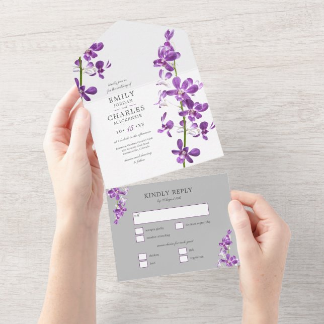 Purple Orchids, Modern Elegant Wedding All In One  Invitation (Tearaway)
