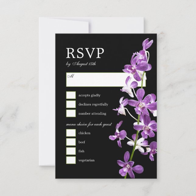 Purple Orchids, Modern Elegant Wedding RSVP Card (Front)