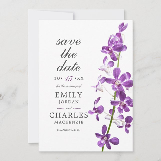 Purple Orchids, Modern Elegant Wedding Save The Date (Front)