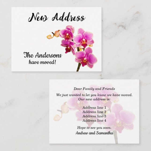 Purple Orchids on White New Address Announcement (Front/Back)