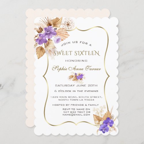 Purple Orchids Pampas Grass Gold Frame Sweet 16   Invitation