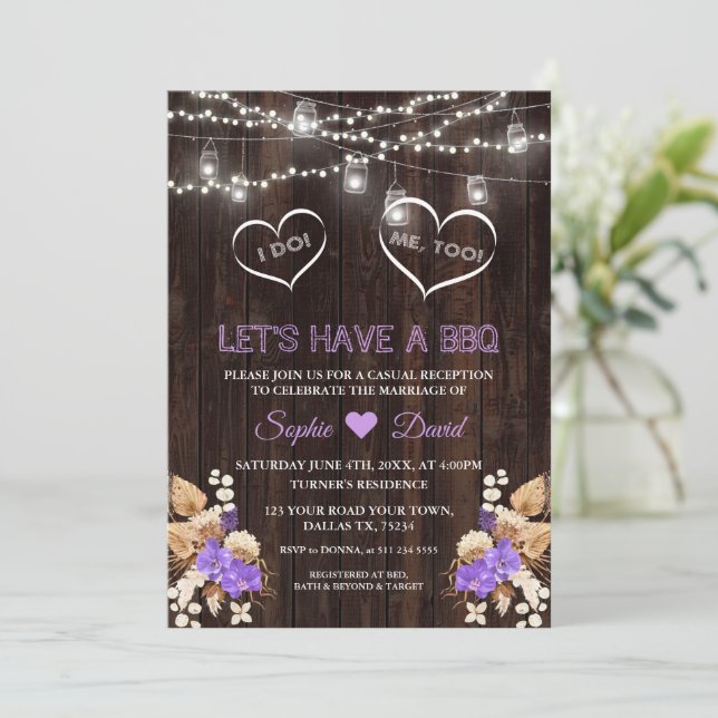 Purple Orchids Pampas Grass Lunaria Barn I DO BBQ  Invitation (Standing Front)