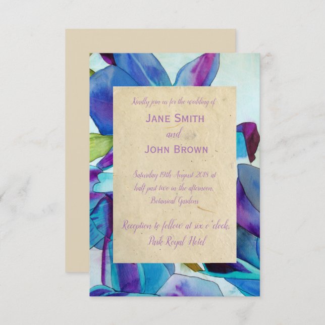 Purple orchids wedding watercolour art rustic invitation (Front/Back)