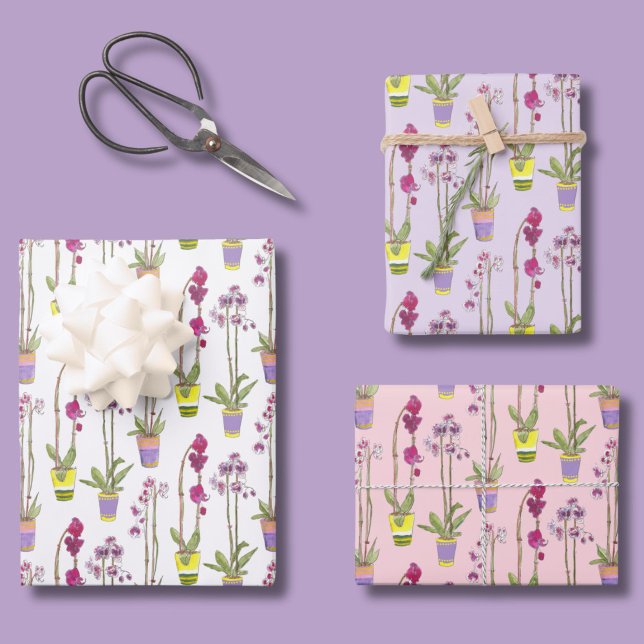 Purple Orchids Whimsical Floral Wrapping Paper Set (This orchid gift wrap features my own hand drawings of colorful potted orchid plants.)