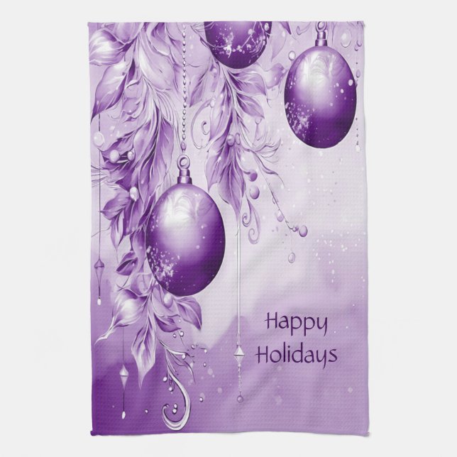 Purple Ornaments Christmas Holiday Kitchen Towel (Vertical)