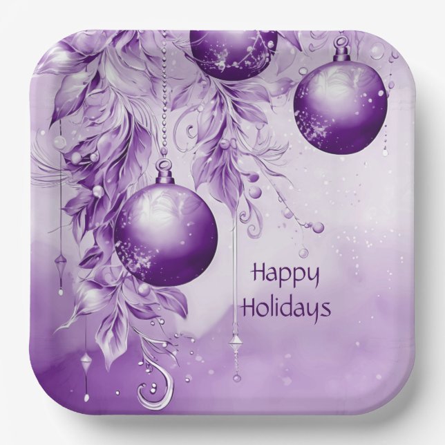 Purple Ornaments Christmas Holiday Paper Plate (Front)