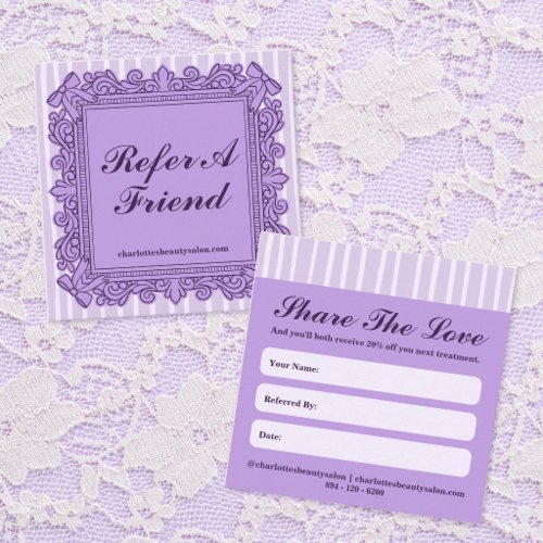 Purple Ornate Bow Frame Salon Refer a Friend Card
