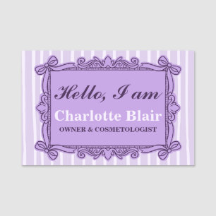 Purple Ornate Bow Vintage Style Frame Hello Name Tag