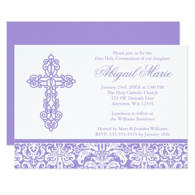 Purple Ornate Cross Damask Girl First Communion Invitation
