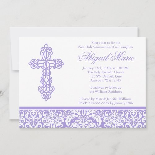 Purple Ornate Cross Damask Girl First Communion Cards