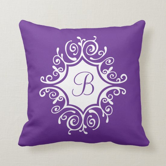 Purple Ornate White Swirls Frame with Monogram Throw Pillow