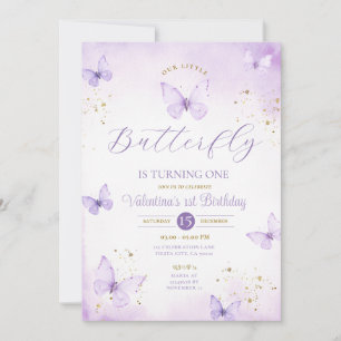 Purple Our Little Butterfly is turning one Gold Invitation