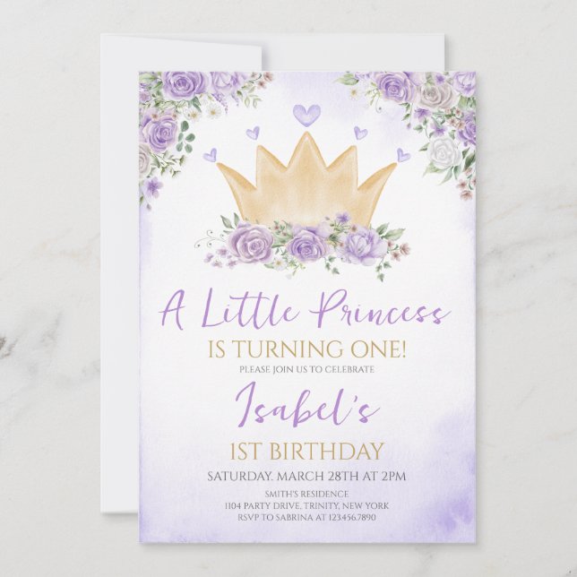 Purple Our Little Princess Birthday Invitation (Front)