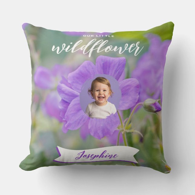 Purple Our Little Wildflower Custom Kid Photo Name Throw Pillow (Front)