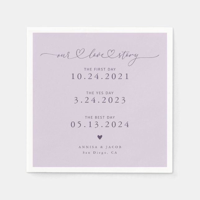 Purple Our Love Story Script Hearts Wedding Napkins (Front)