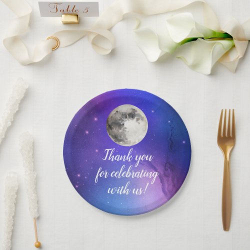 Purple Outer Space Stars Over the Moon Celestial Paper Plates