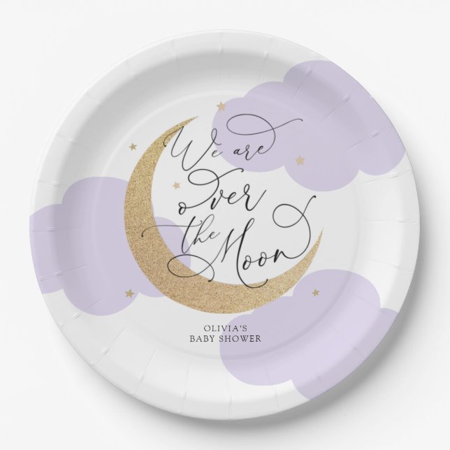 Purple Over the Moon Baby Shower Paper Plates (Front)