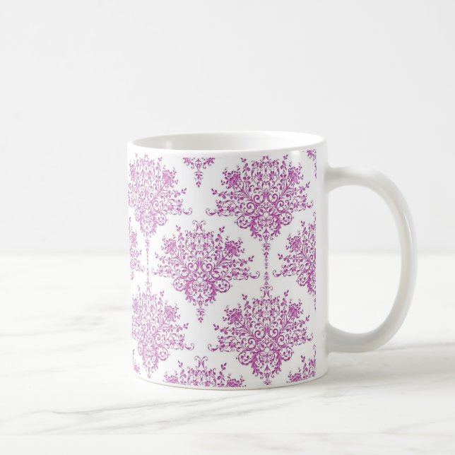 Purple over White Floral Damask Pattern Coffee Mug (Right)
