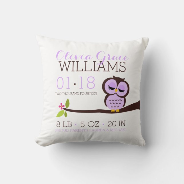 Purple Owl Baby Birth Announcement Throw Pillow (Front)