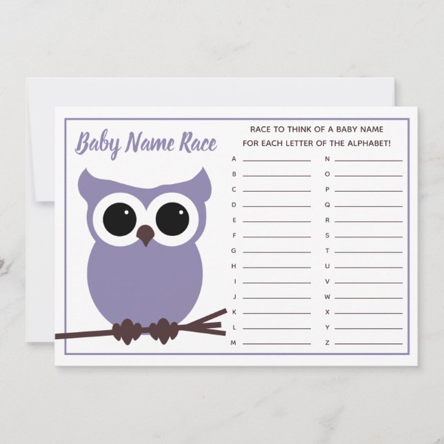 Purple Owl Baby Name Race Baby Shower Game Invitation (Front)