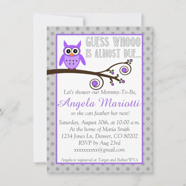 Purple Owl Baby Shower Invitation (Front)
