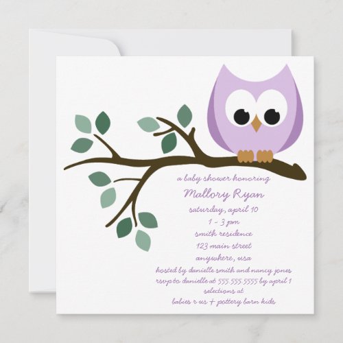 Purple Owl Baby Shower Invitations