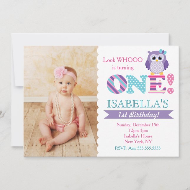 Purple Owl Birthday Party Invitations for Girl (Front)