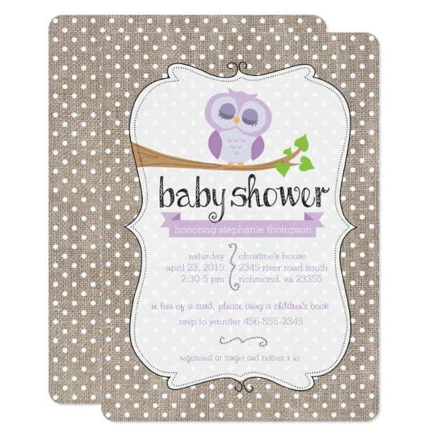 Purple Owl Burlap Dots Baby Shower Invitation