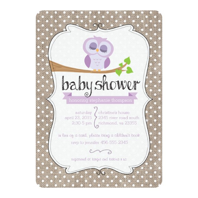 Purple Owl Burlap Dots Baby Shower Invitation