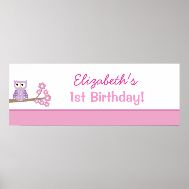 Purple Owl Custom Birthday Banner Poster Print (Front)